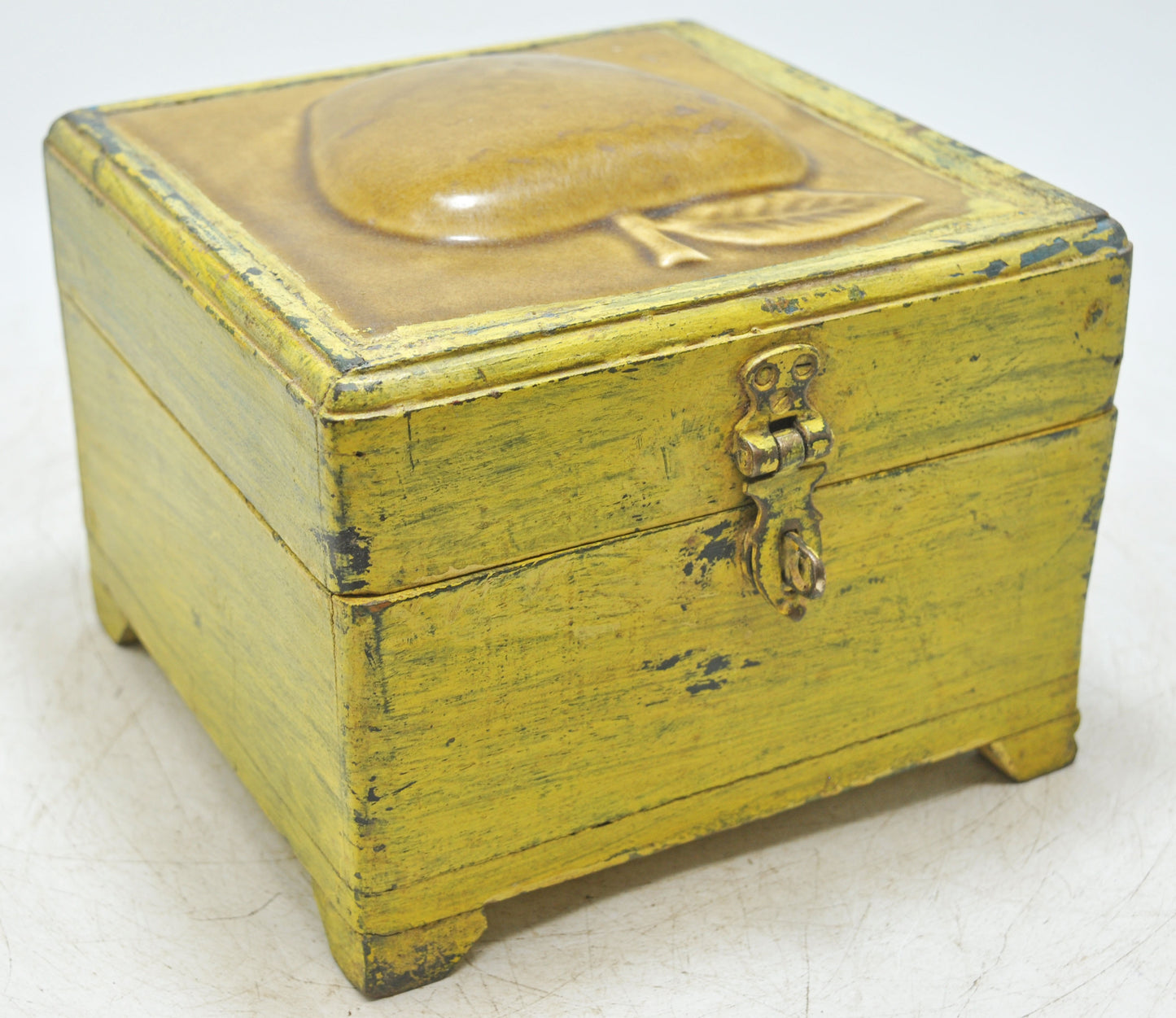 Vintage Wooden Square Storage Box Original Old Hand Crafted Tile Fitted