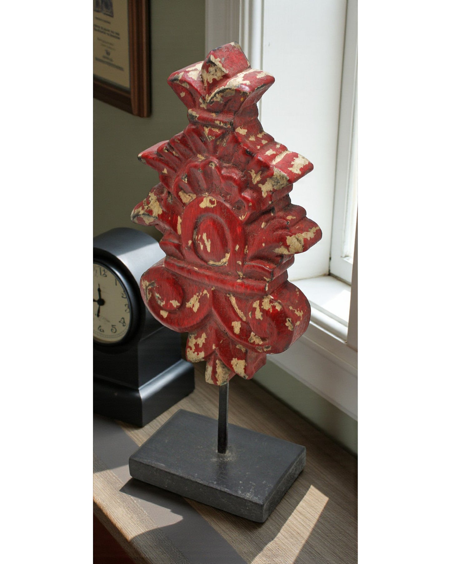 Hand Carved Wooden Flower Carving Panel Plaque on Stand Rustic Red Painted