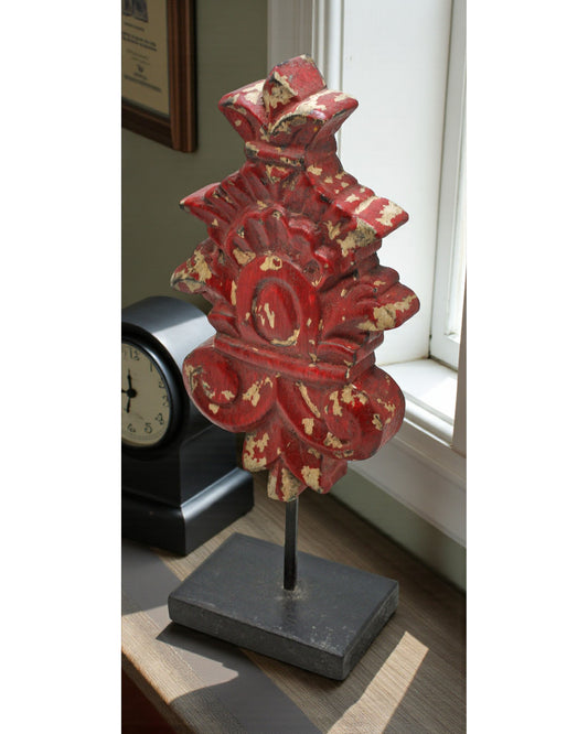 Hand Carved Wooden Flower Carving Panel Plaque on Stand Rustic Red Painted