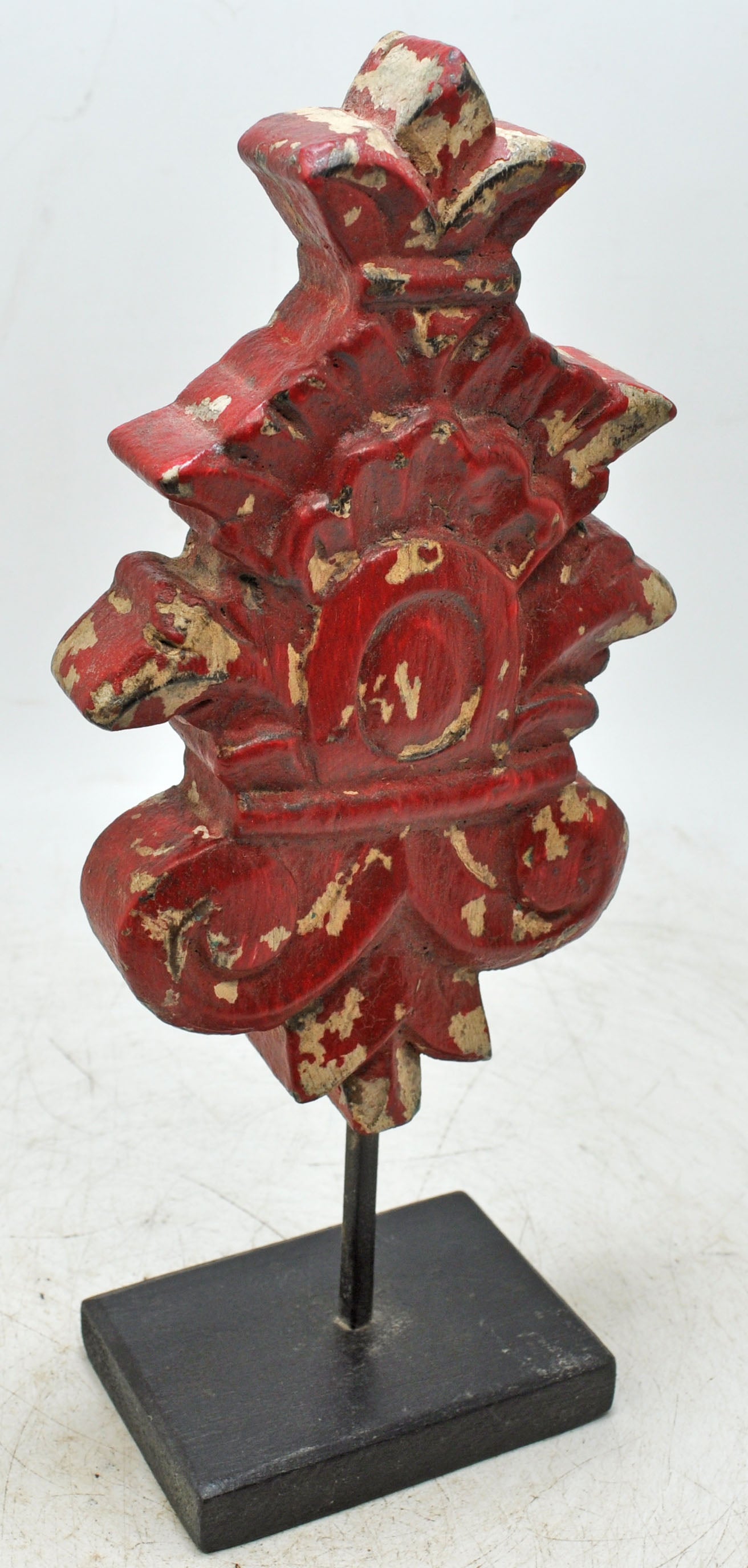 Hand Carved Wooden Flower Carving Panel Plaque on Stand Rustic Red Painted