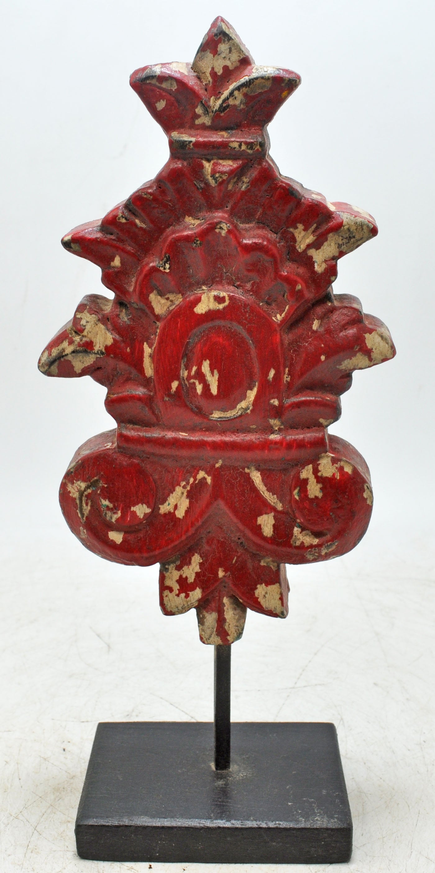 Hand Carved Wooden Flower Carving Panel Plaque on Stand Rustic Red Painted