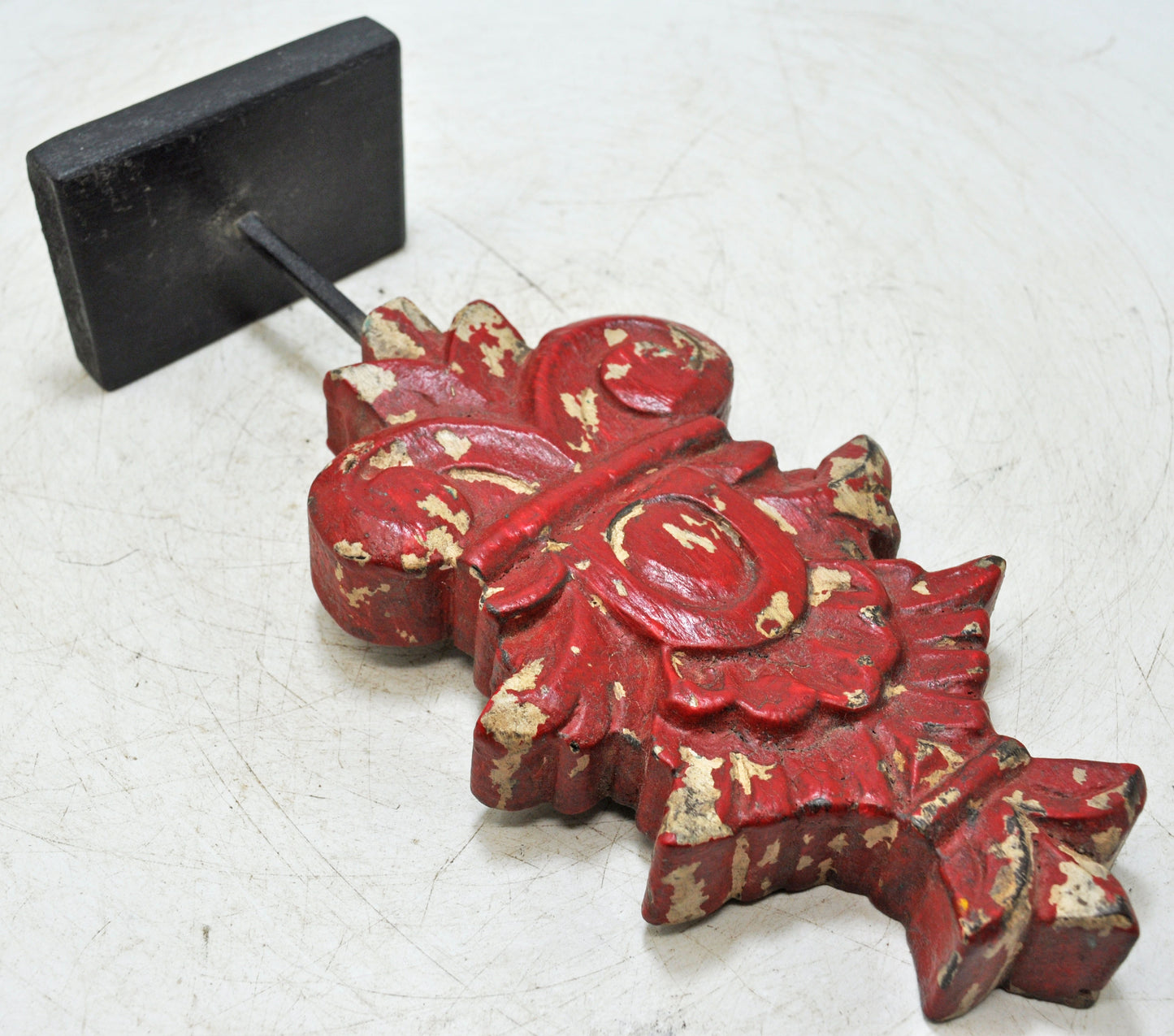 Hand Carved Wooden Flower Carving Panel Plaque on Stand Rustic Red Painted