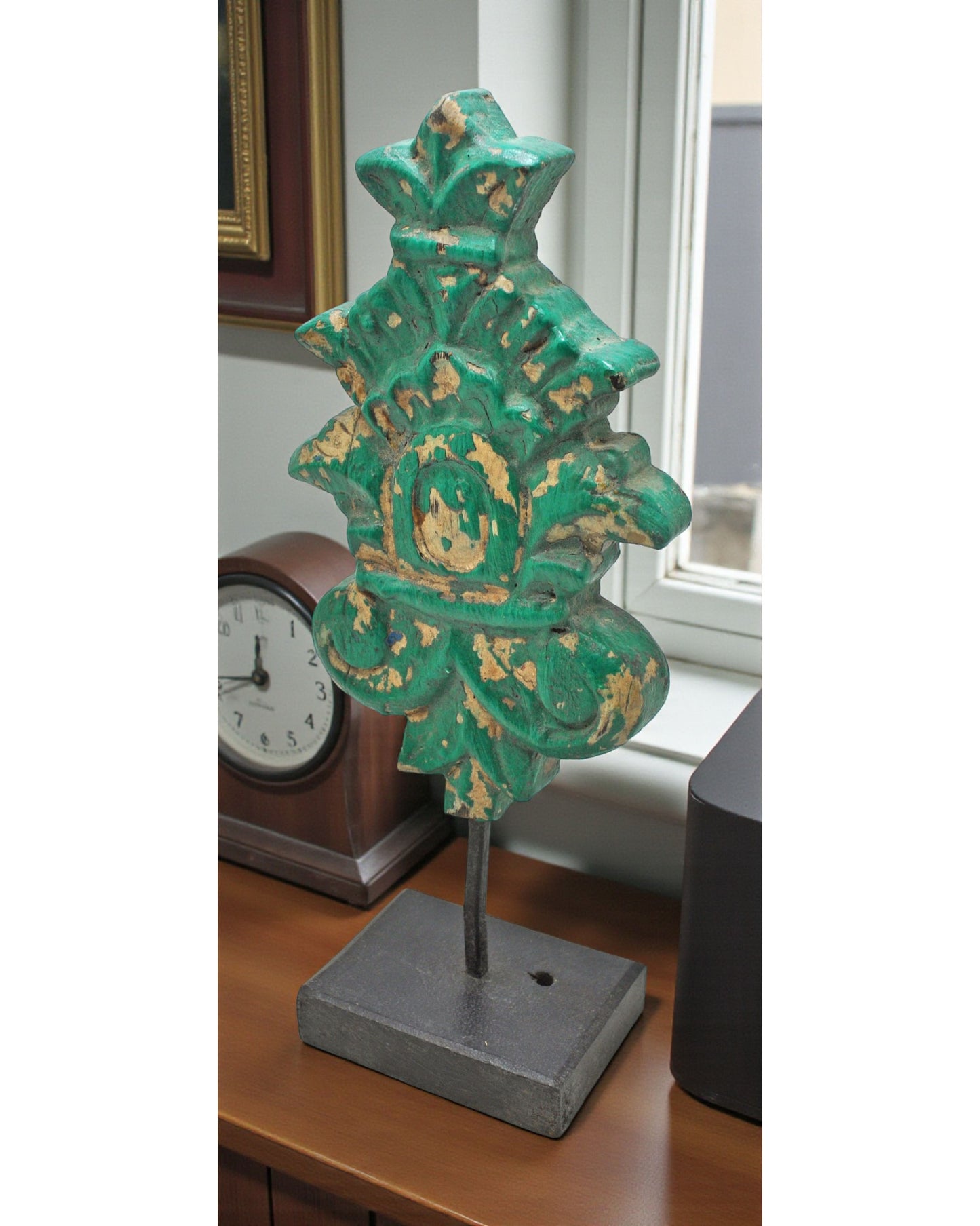 Hand Carved Wooden Flower Carving Panel Plaque on Stand Rustic Green Painted