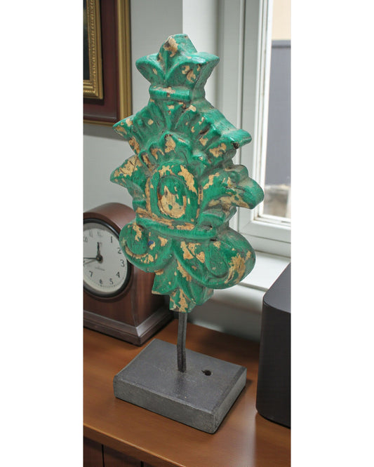 Hand Carved Wooden Flower Carving Panel Plaque on Stand Rustic Green Painted