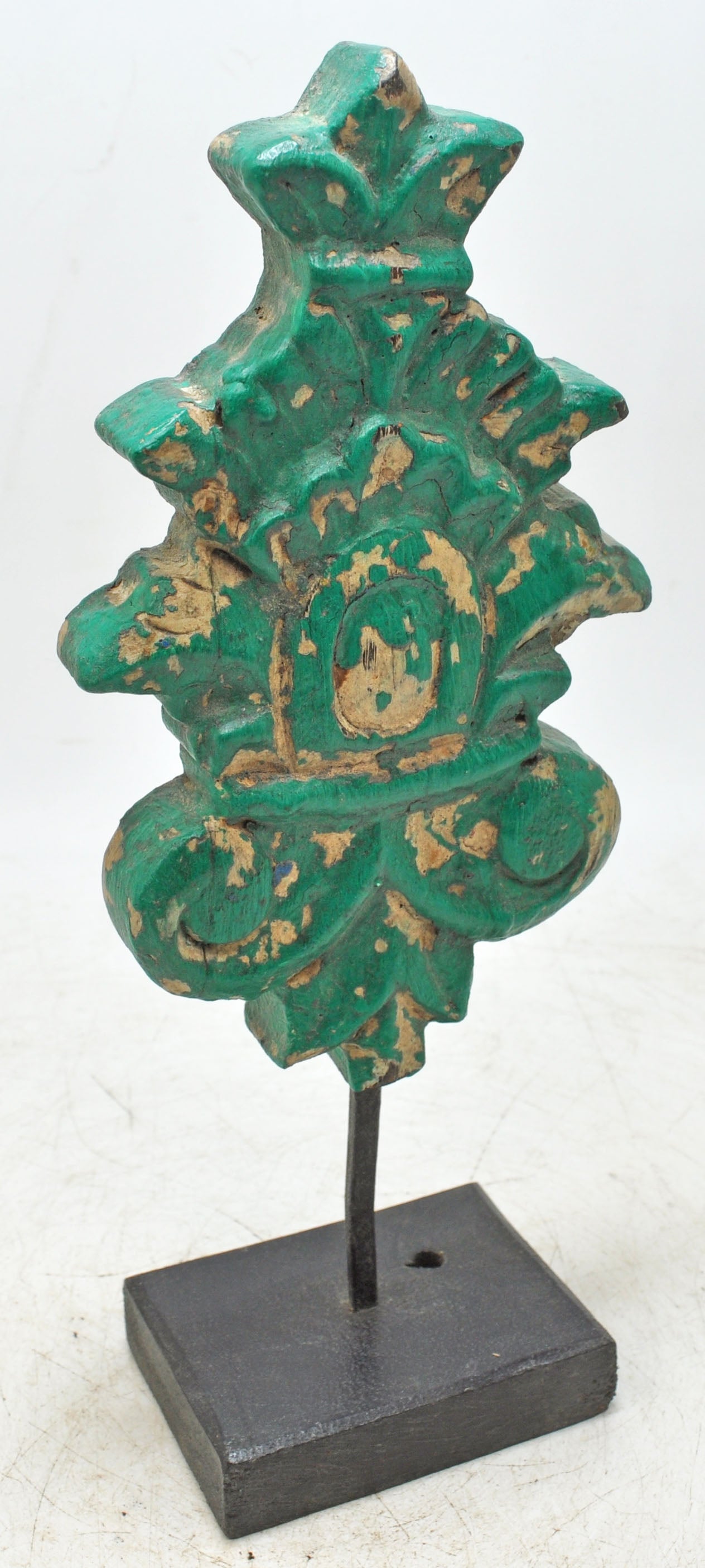 Hand Carved Wooden Flower Carving Panel Plaque on Stand Rustic Green Painted