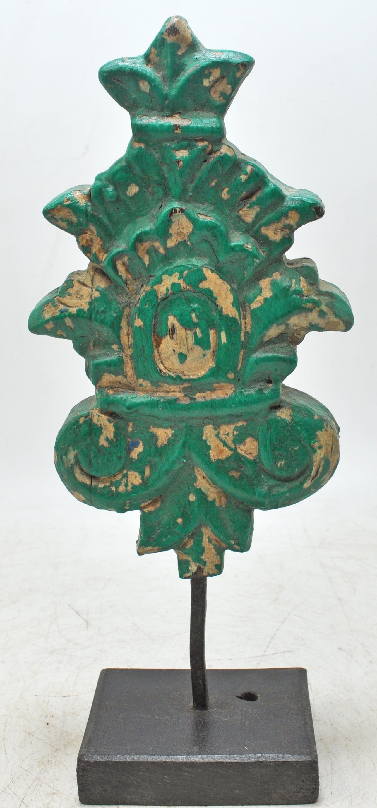 Hand Carved Wooden Flower Carving Panel Plaque on Stand Rustic Green Painted