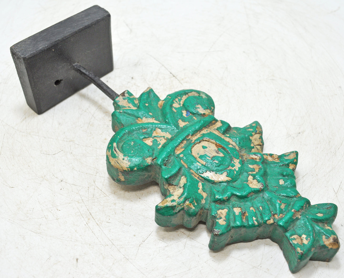 Hand Carved Wooden Flower Carving Panel Plaque on Stand Rustic Green Painted