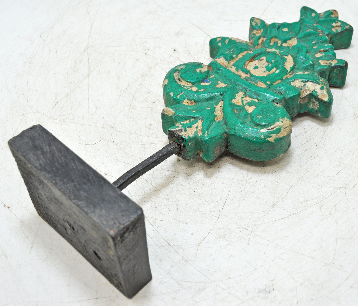 Hand Carved Wooden Flower Carving Panel Plaque on Stand Rustic Green Painted