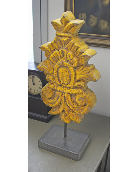 Hand Carved Wooden Flower Carving Panel Plaque on Stand Rustic Yellow Painted