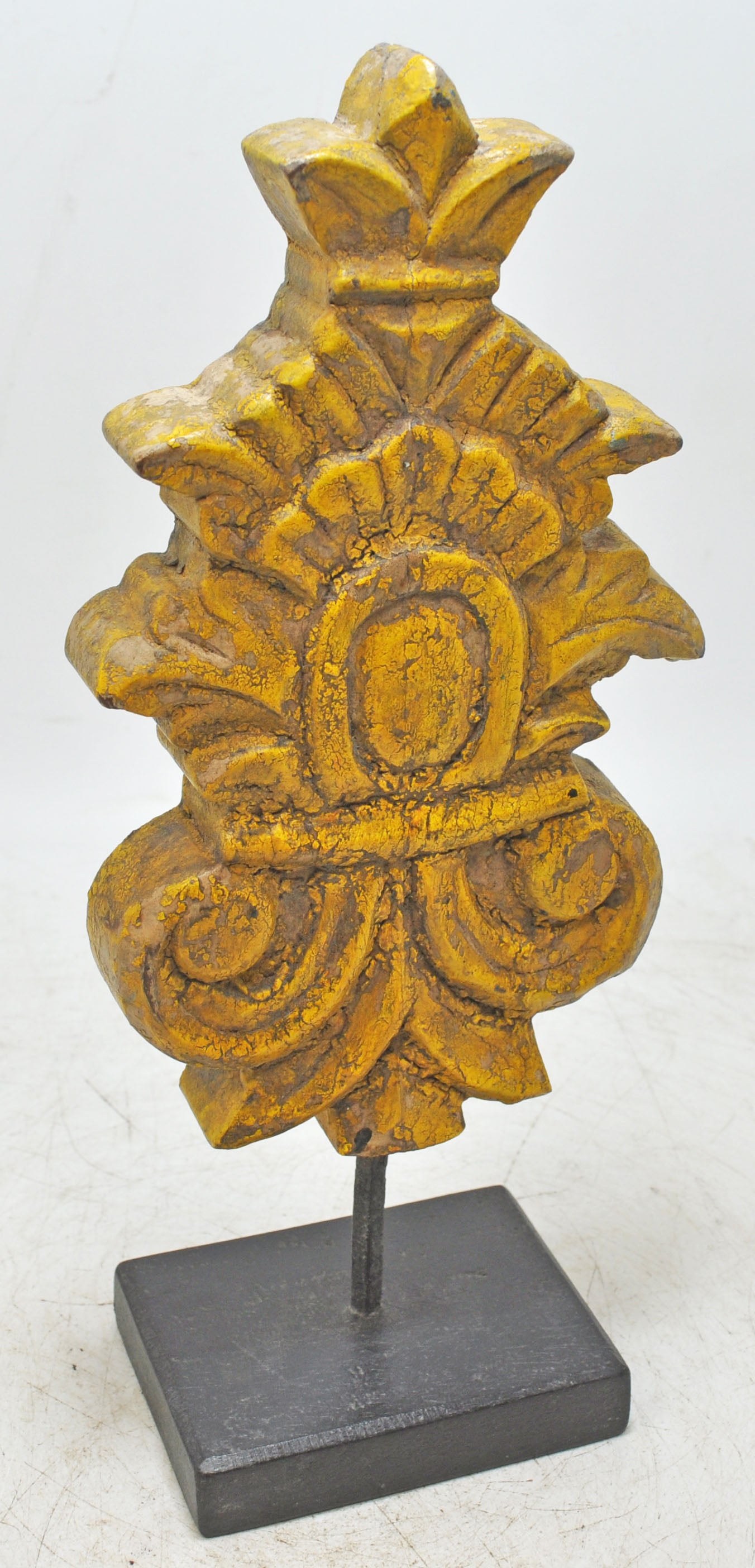 Hand Carved Wooden Flower Carving Panel Plaque on Stand Rustic Yellow Painted