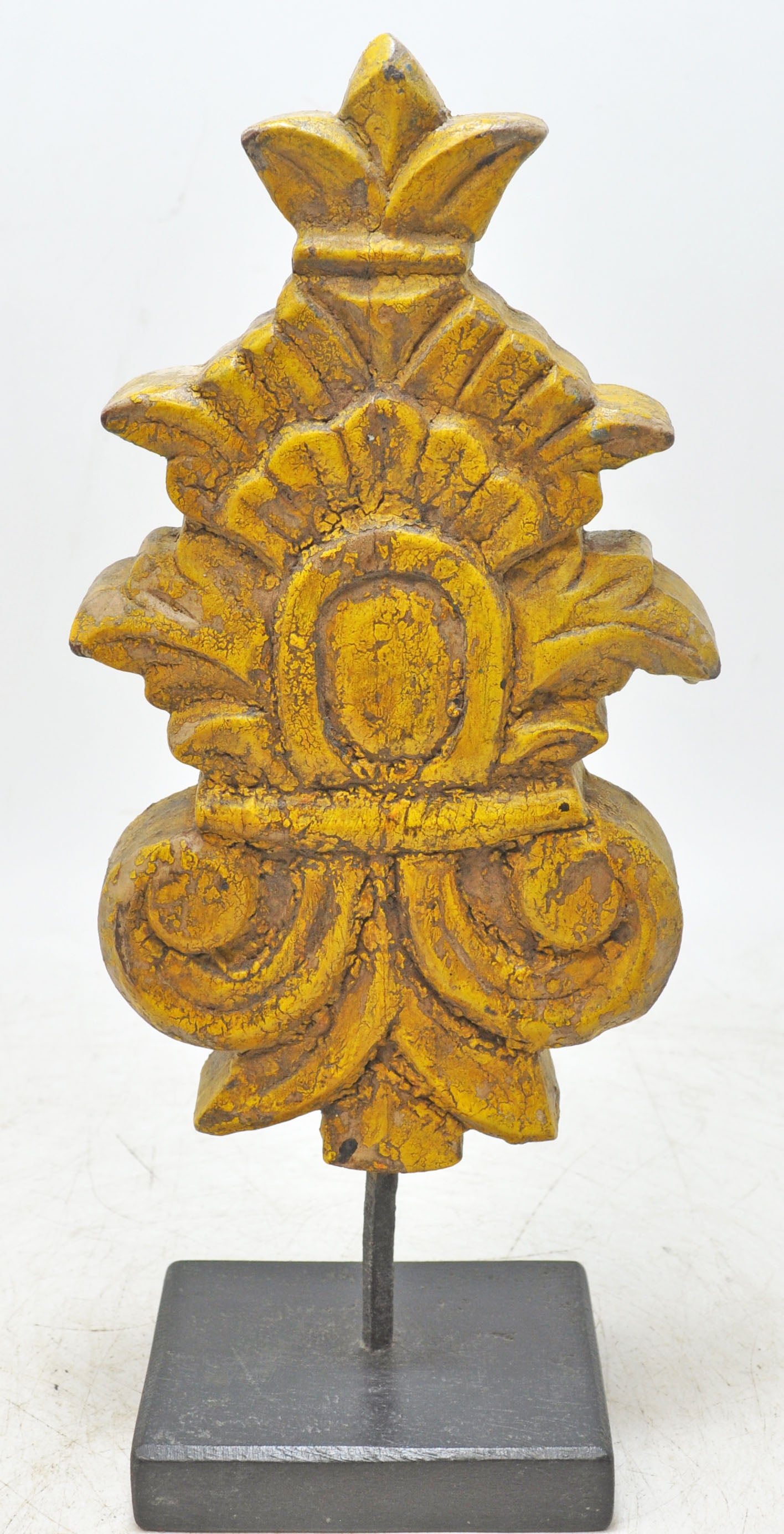 Hand Carved Wooden Flower Carving Panel Plaque on Stand Rustic Yellow Painted