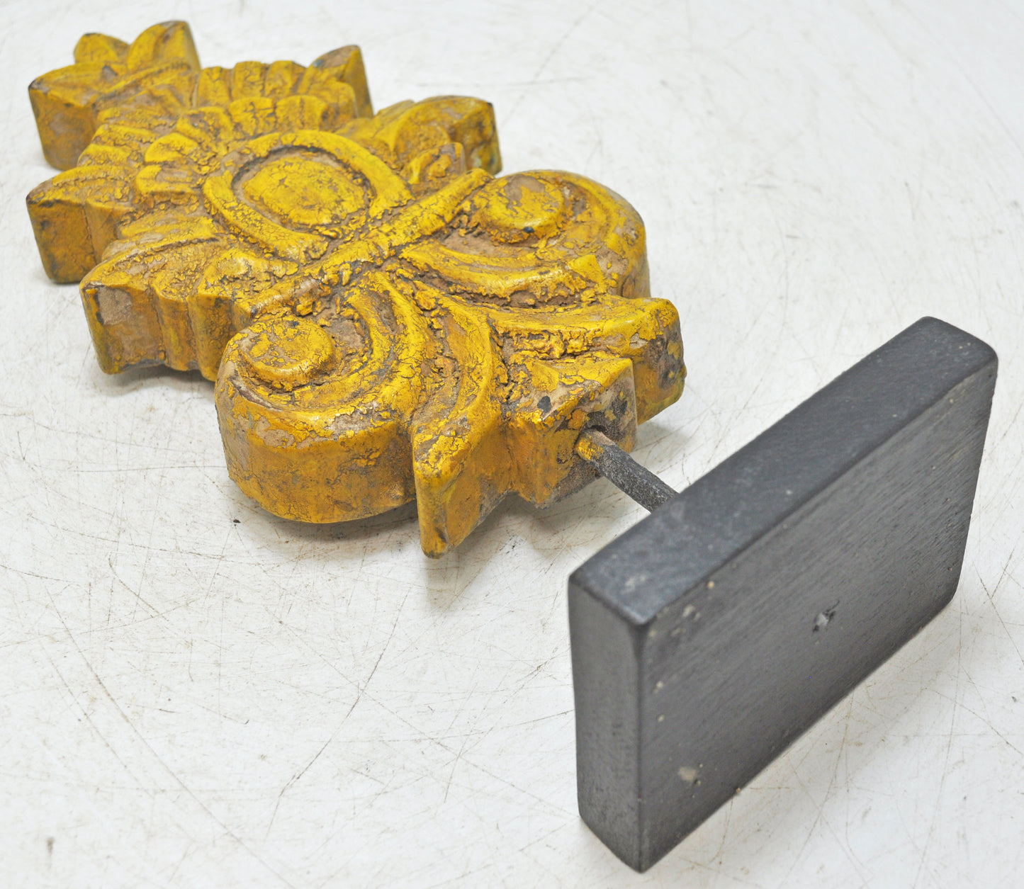 Hand Carved Wooden Flower Carving Panel Plaque on Stand Rustic Yellow Painted