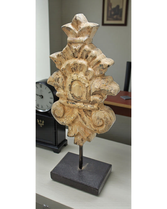 Hand Carved Wooden Flower Carving Panel Plaque on Stand Rustic White Painted