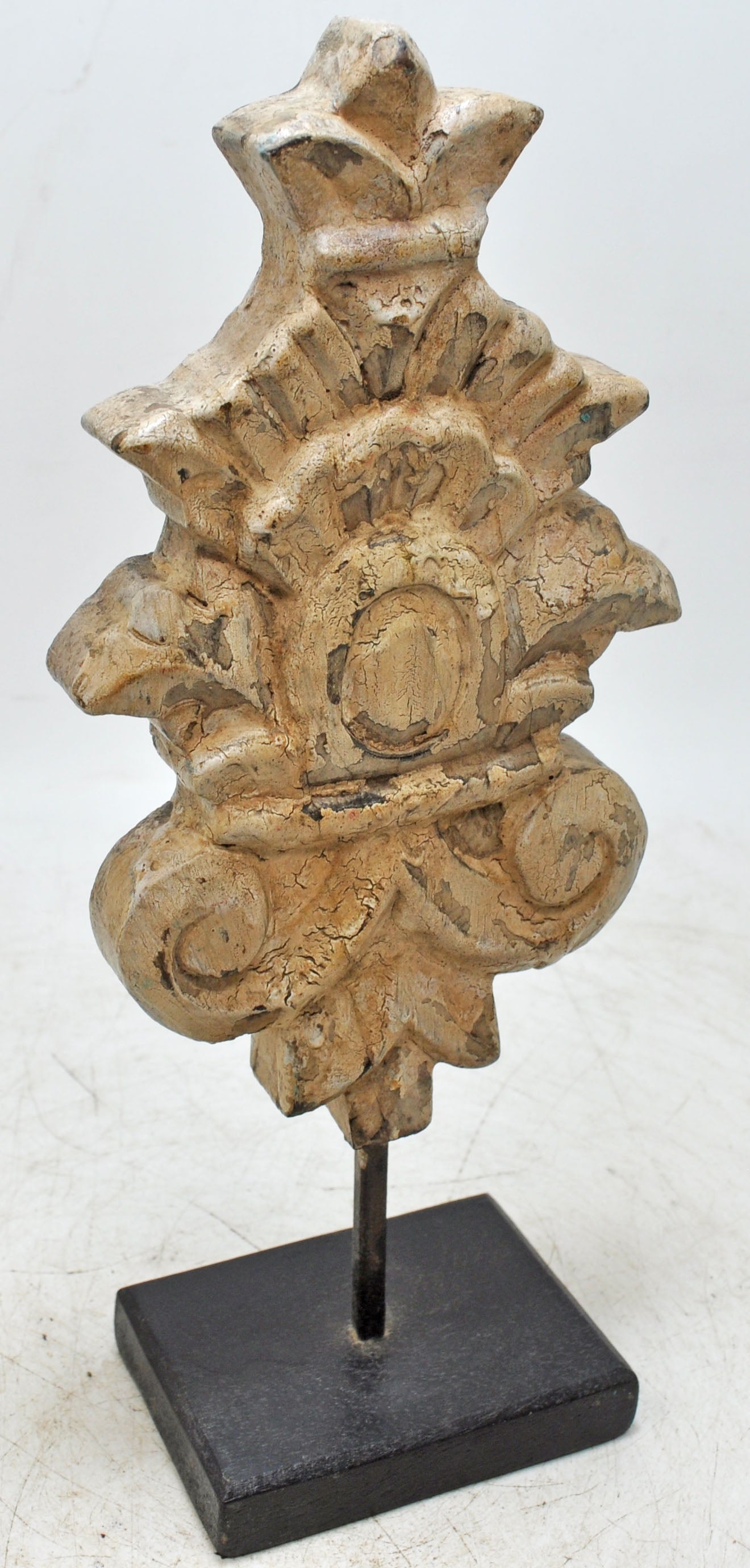 Hand Carved Wooden Flower Carving Panel Plaque on Stand Rustic White Painted