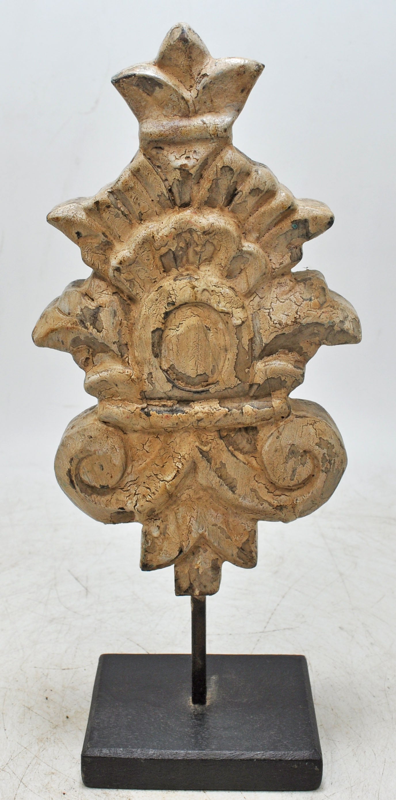 Hand Carved Wooden Flower Carving Panel Plaque on Stand Rustic White Painted