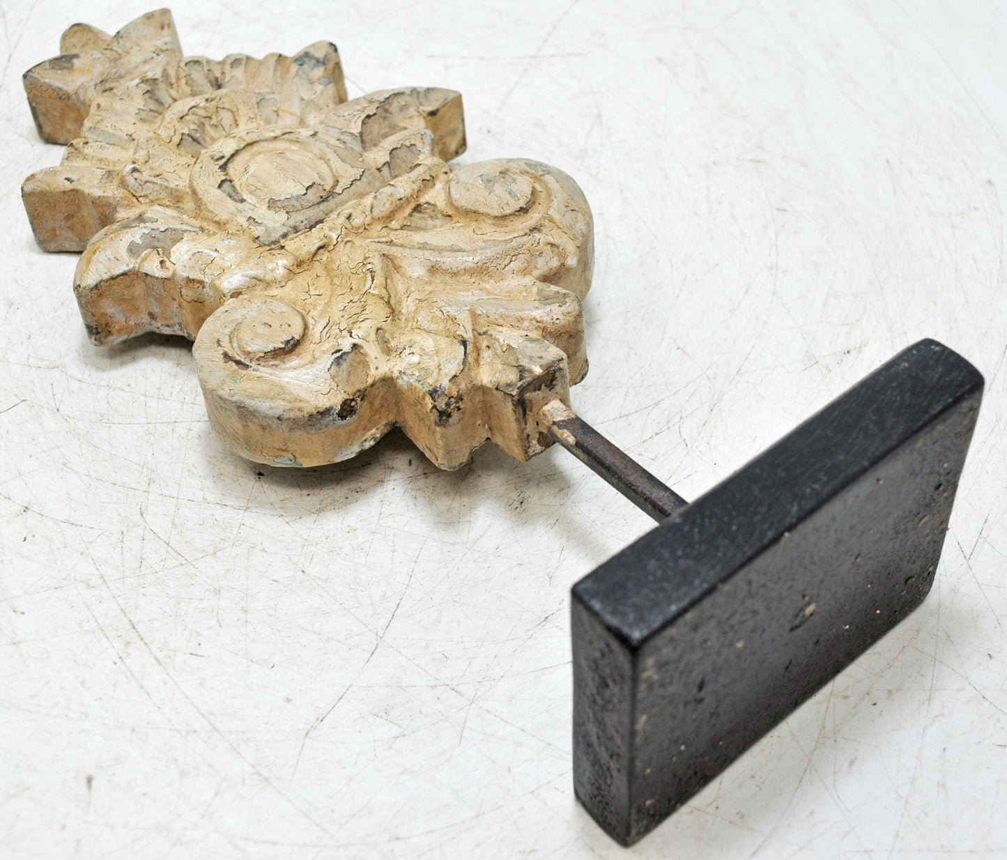 Hand Carved Wooden Flower Carving Panel Plaque on Stand Rustic White Painted