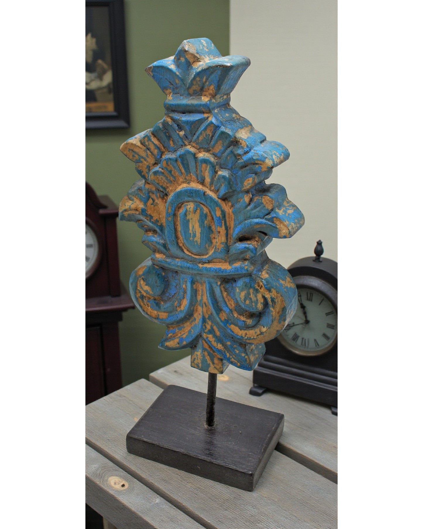 Hand Carved Wooden Flower Carving Panel Plaque on Stand Rustic Blue Painted