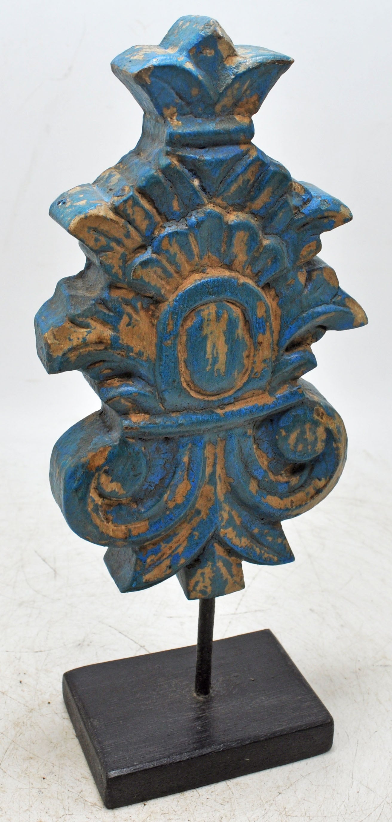 Hand Carved Wooden Flower Carving Panel Plaque on Stand Rustic Blue Painted