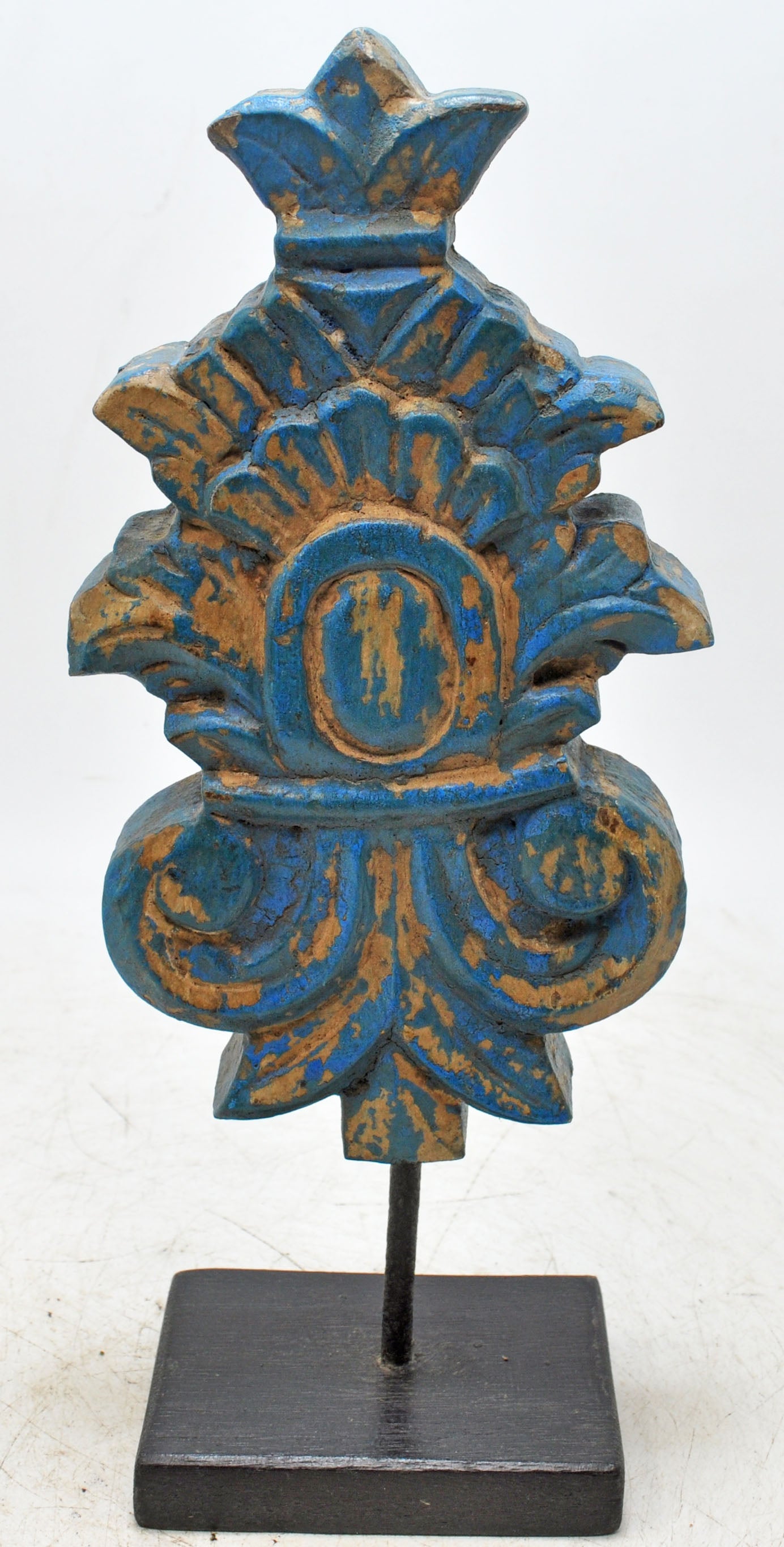 Hand Carved Wooden Flower Carving Panel Plaque on Stand Rustic Blue Painted