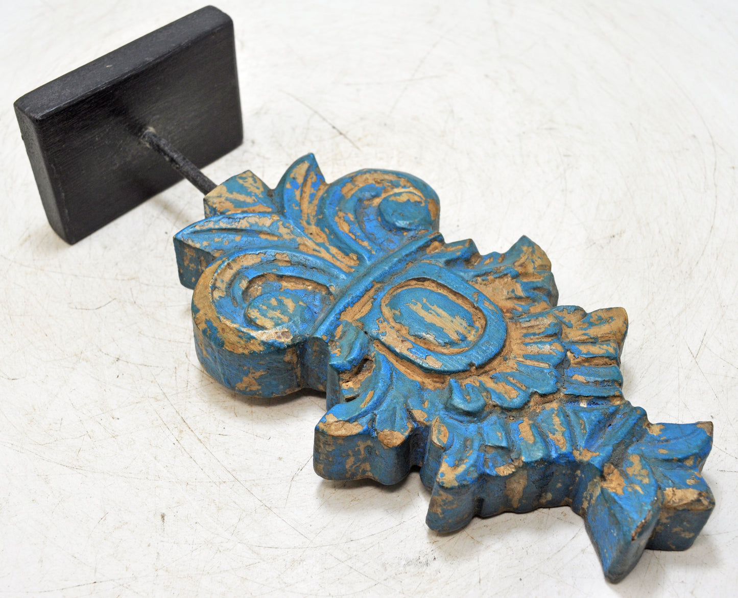 Hand Carved Wooden Flower Carving Panel Plaque on Stand Rustic Blue Painted