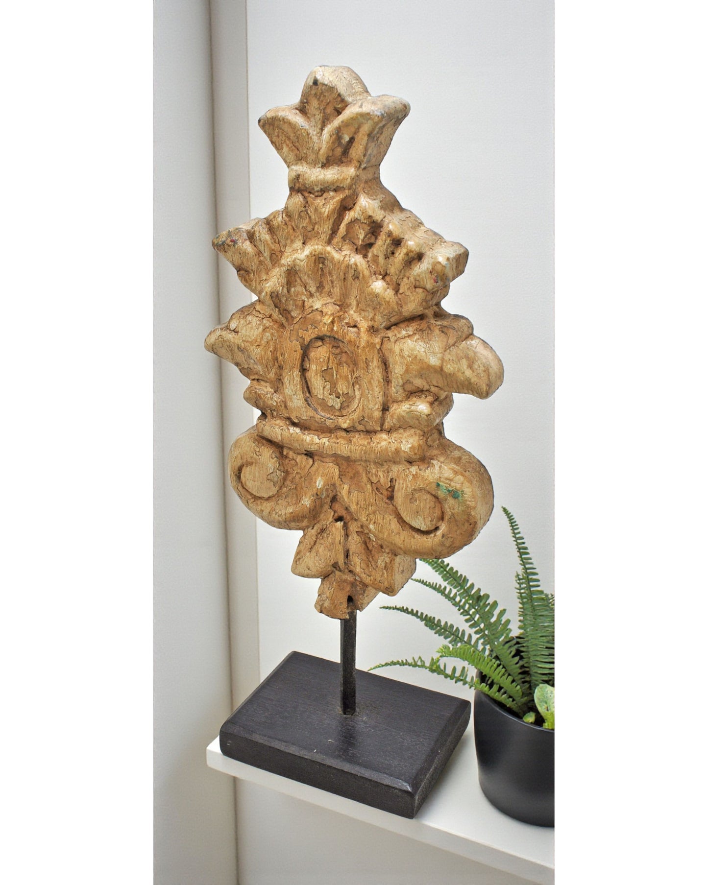 Hand Carved Wooden Flower Carving Panel Plaque on Stand Rustic White Painted