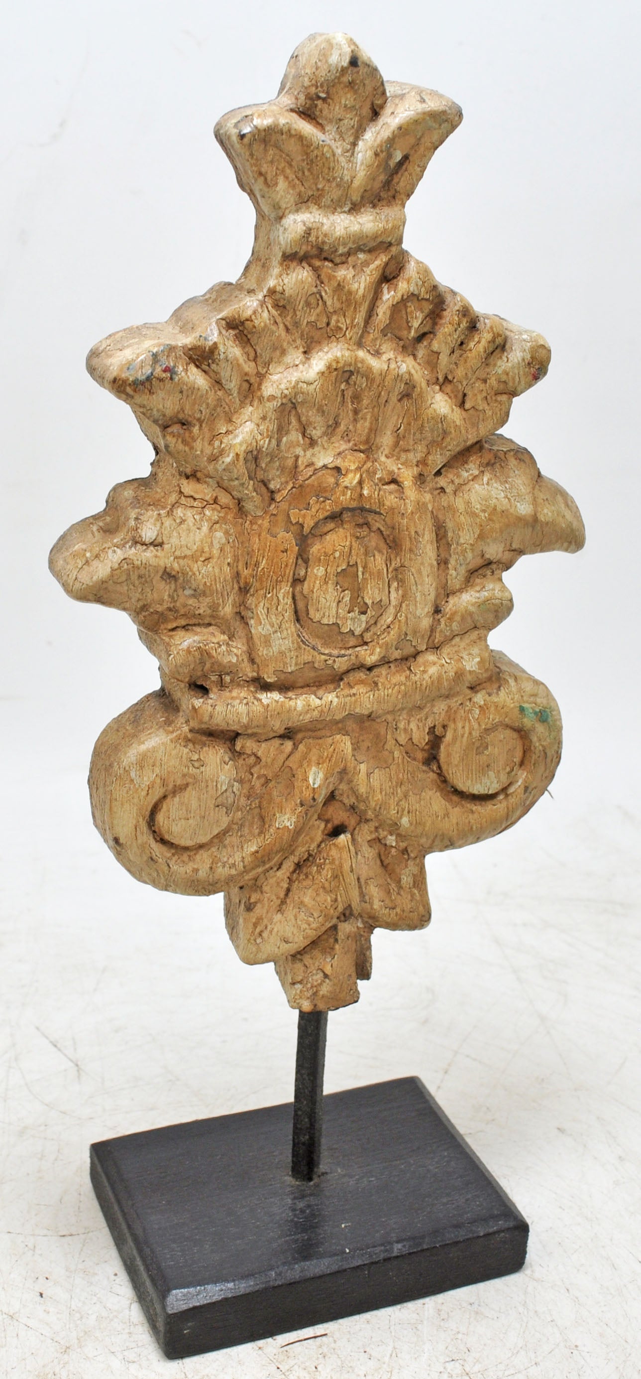 Hand Carved Wooden Flower Carving Panel Plaque on Stand Rustic White Painted