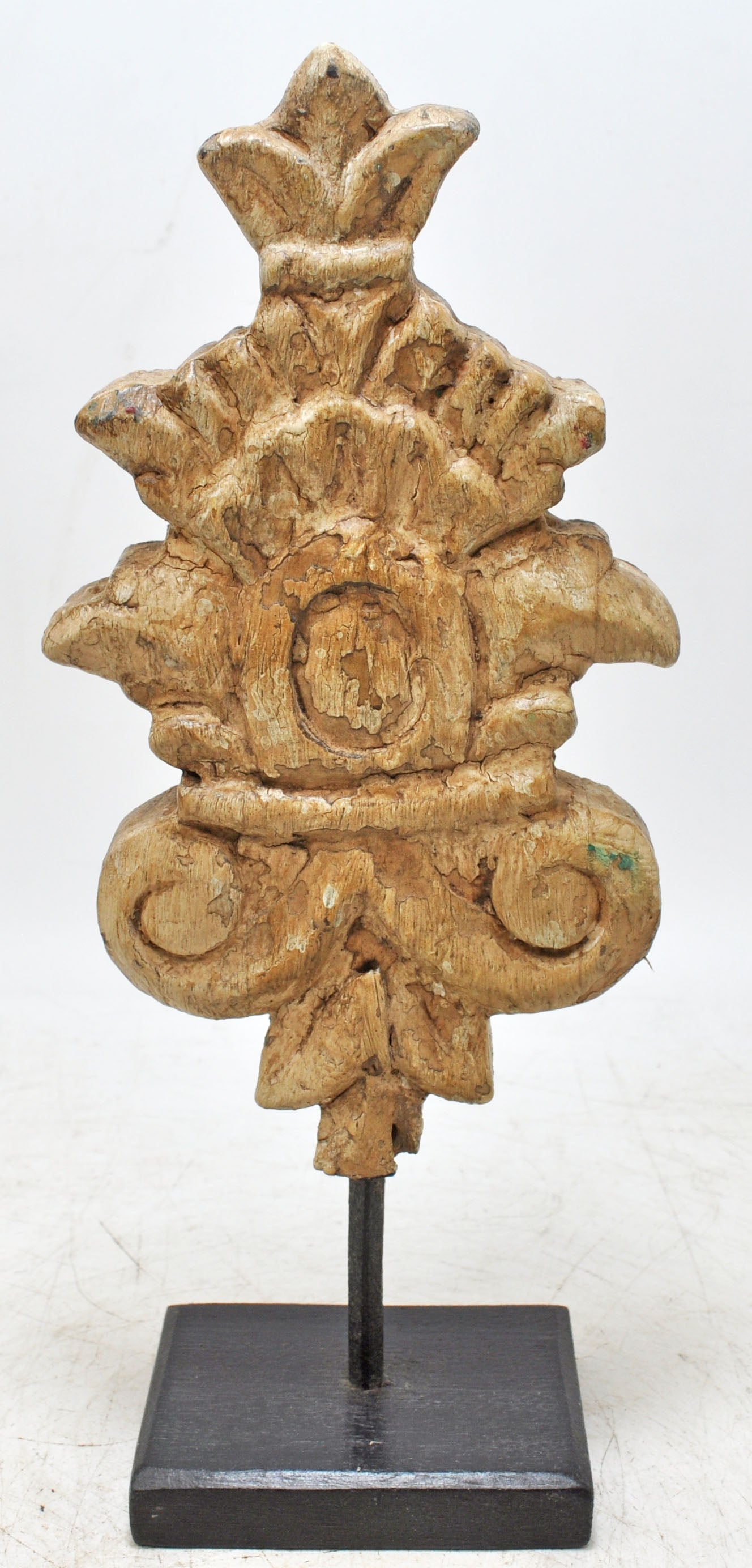 Hand Carved Wooden Flower Carving Panel Plaque on Stand Rustic White Painted