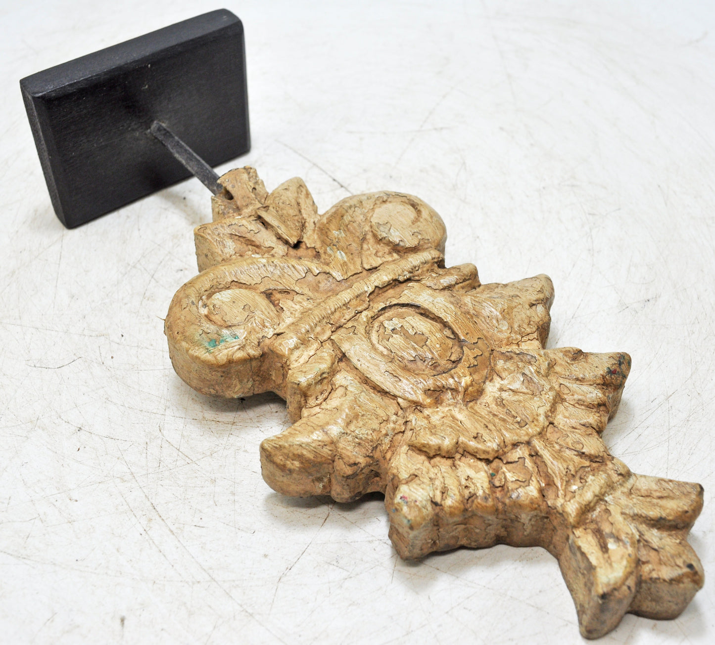 Hand Carved Wooden Flower Carving Panel Plaque on Stand Rustic White Painted