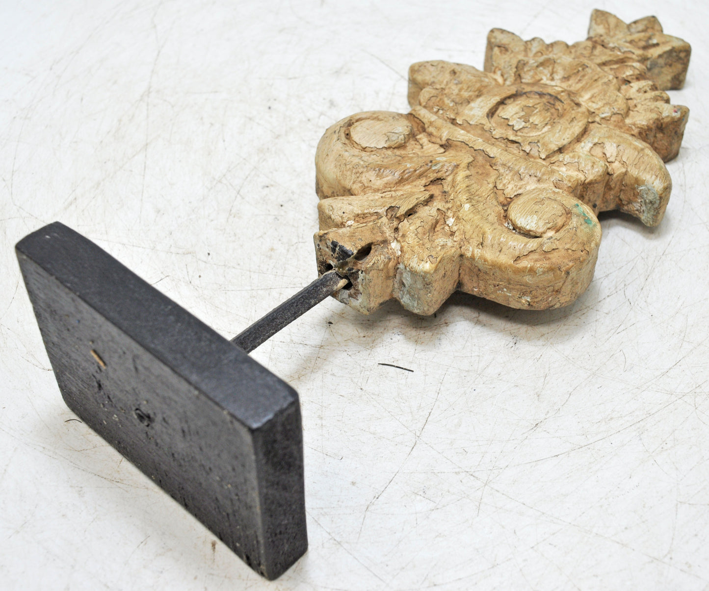 Hand Carved Wooden Flower Carving Panel Plaque on Stand Rustic White Painted