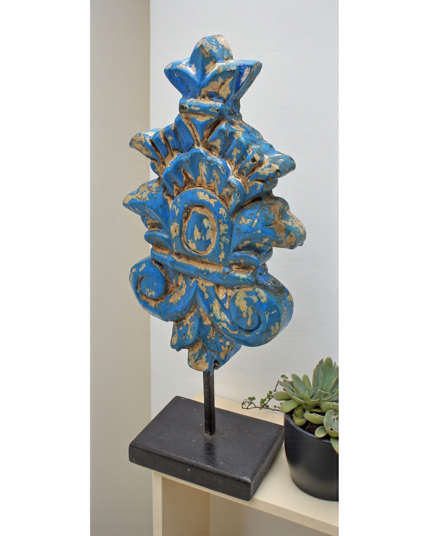 Hand Carved Wooden Flower Carving Panel Plaque on Stand Rustic Blue Painted