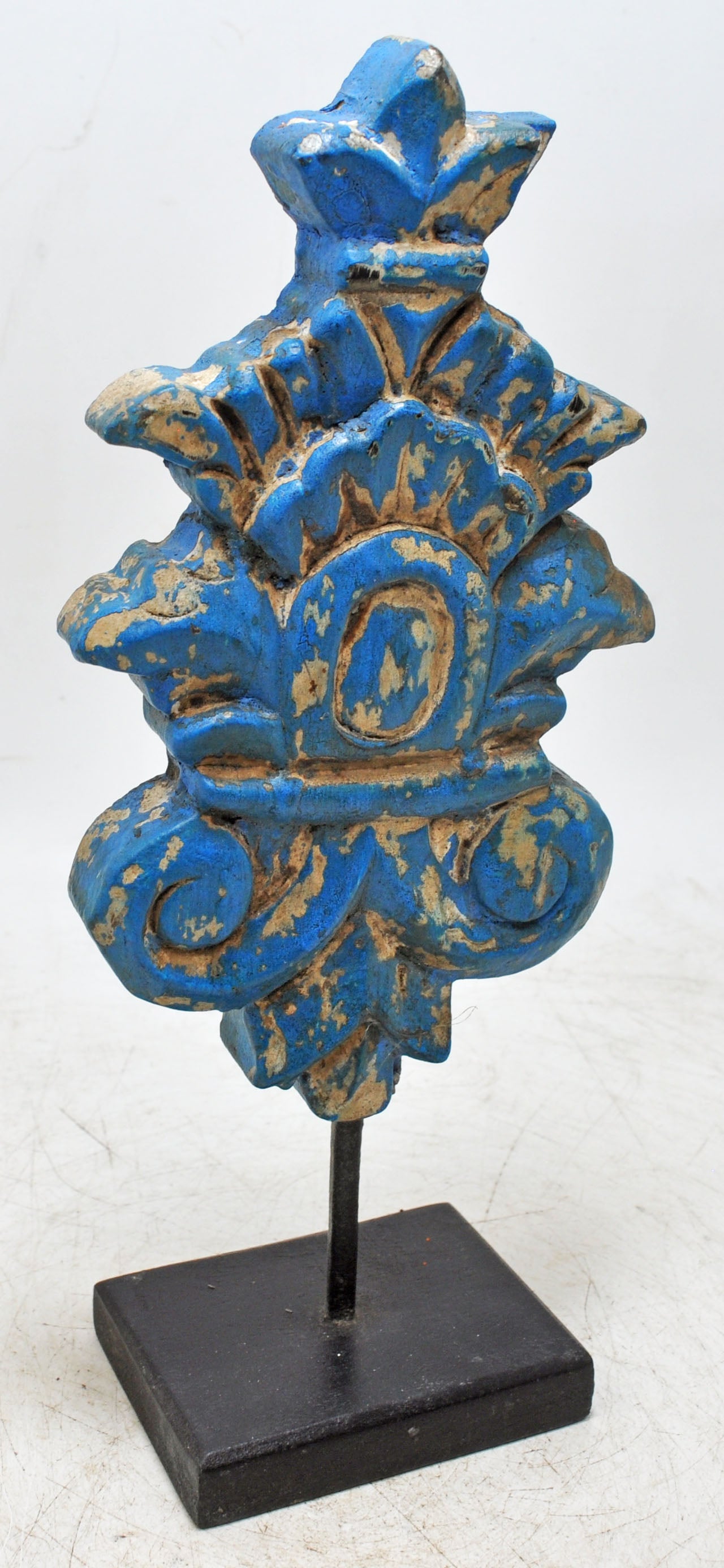 Hand Carved Wooden Flower Carving Panel Plaque on Stand Rustic Blue Painted