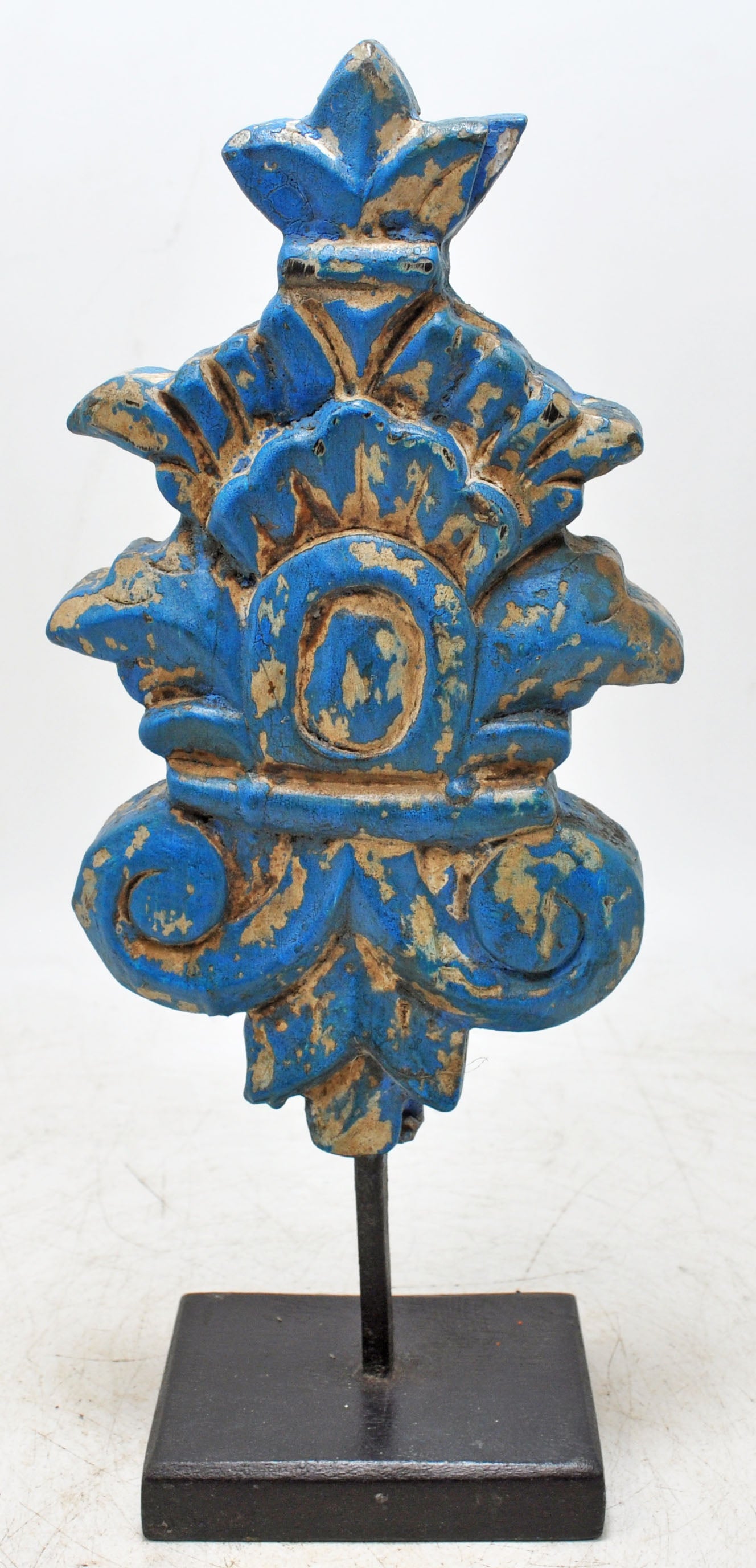 Hand Carved Wooden Flower Carving Panel Plaque on Stand Rustic Blue Painted