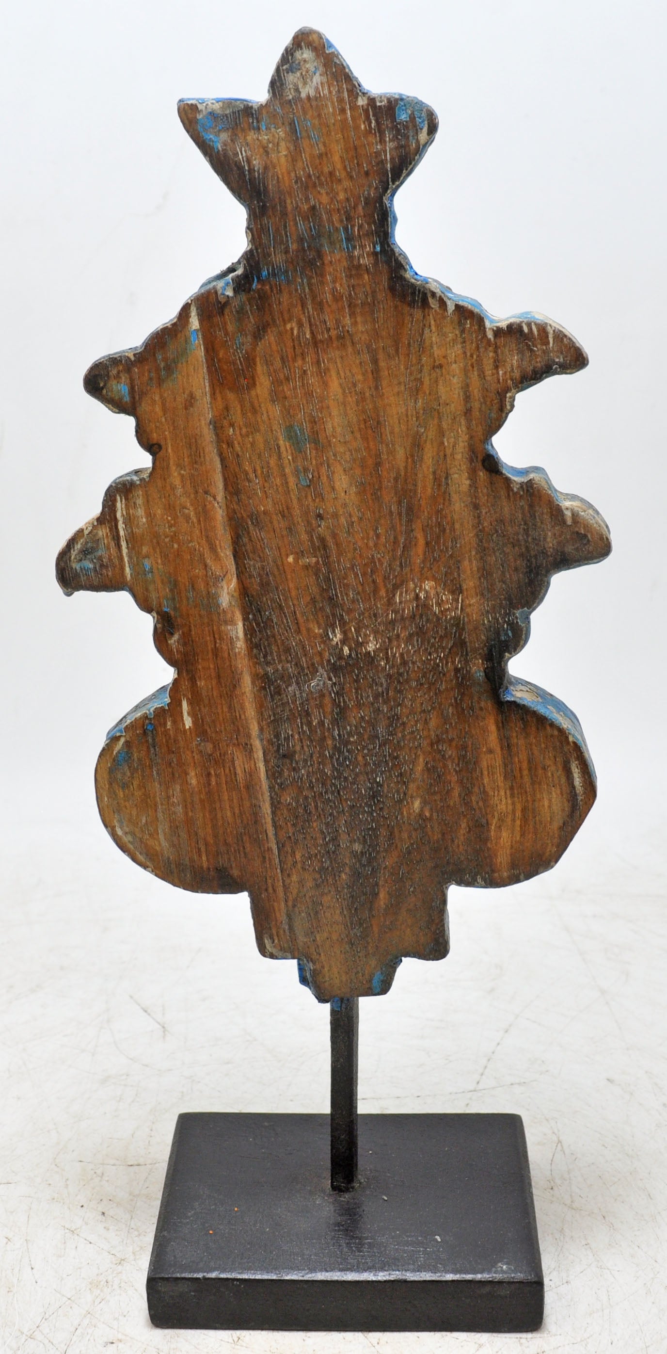 Hand Carved Wooden Flower Carving Panel Plaque on Stand Rustic Blue Painted