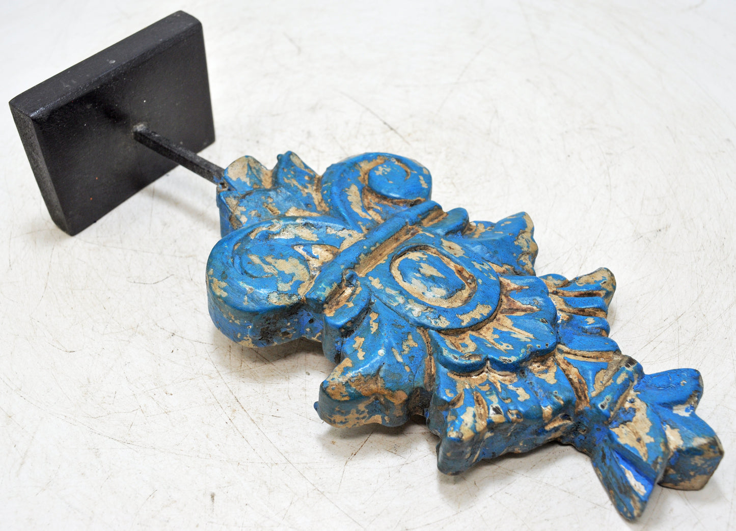 Hand Carved Wooden Flower Carving Panel Plaque on Stand Rustic Blue Painted