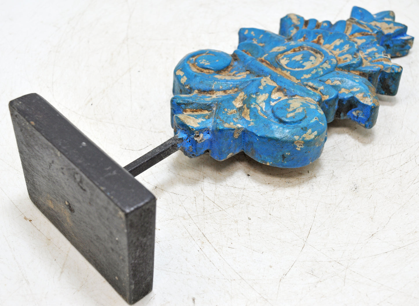 Hand Carved Wooden Flower Carving Panel Plaque on Stand Rustic Blue Painted