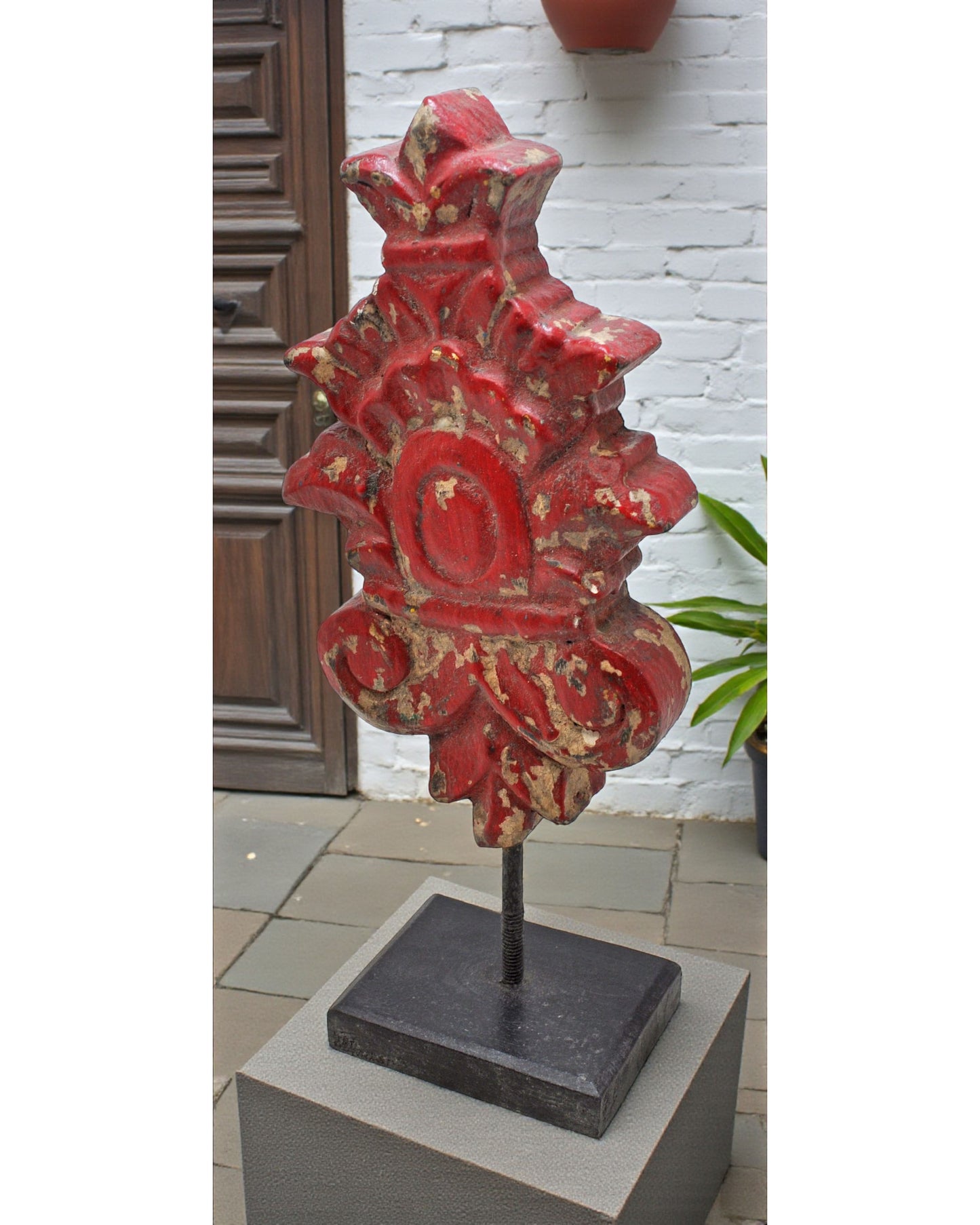 Hand Carved Wooden Flower Carving Panel Plaque on Stand Rustic Red Painted