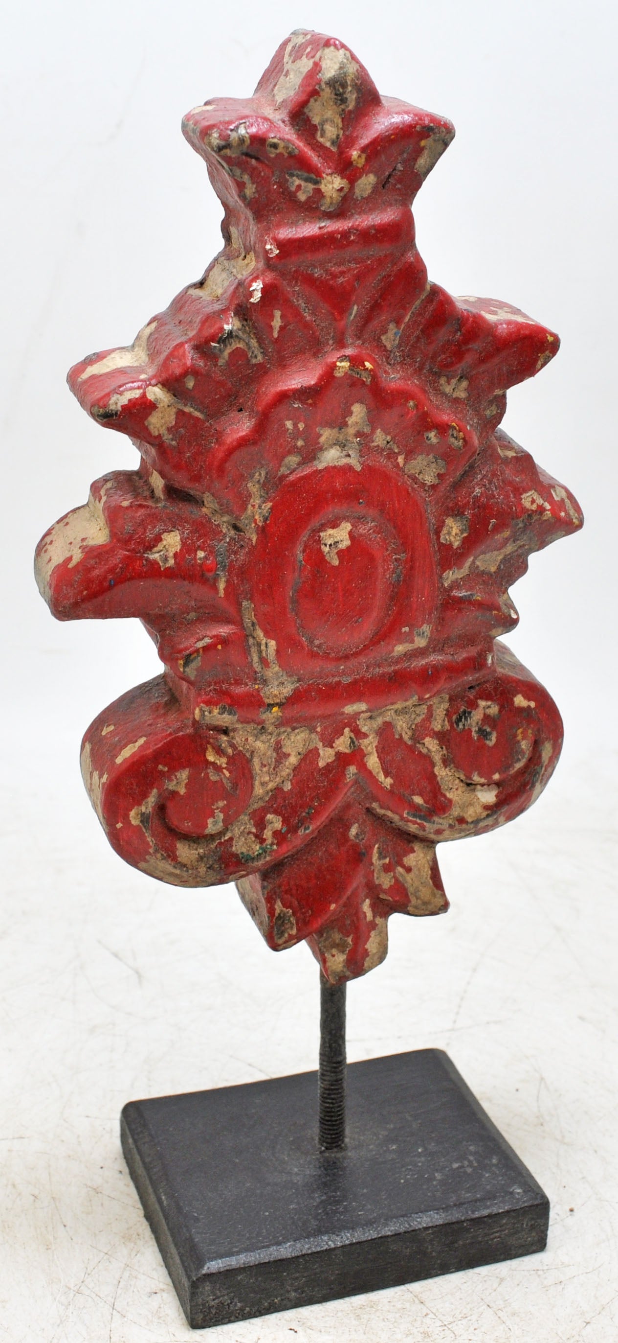 Hand Carved Wooden Flower Carving Panel Plaque on Stand Rustic Red Painted