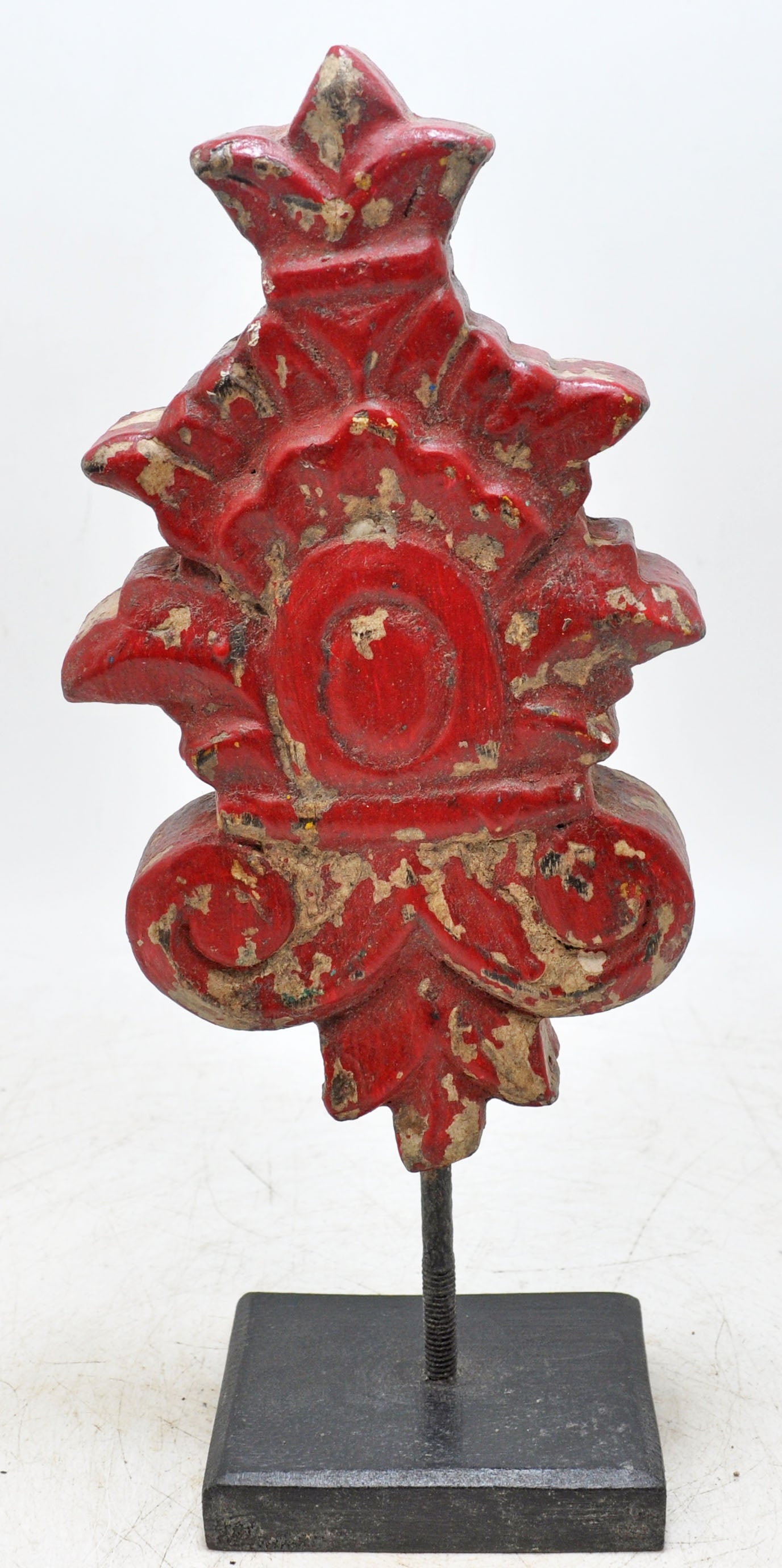 Hand Carved Wooden Flower Carving Panel Plaque on Stand Rustic Red Painted