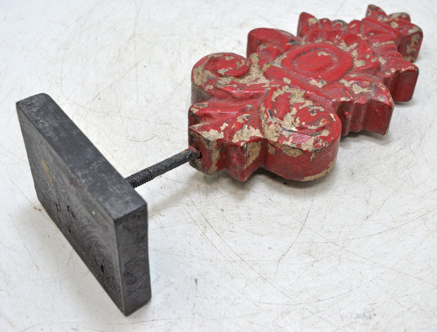 Hand Carved Wooden Flower Carving Panel Plaque on Stand Rustic Red Painted