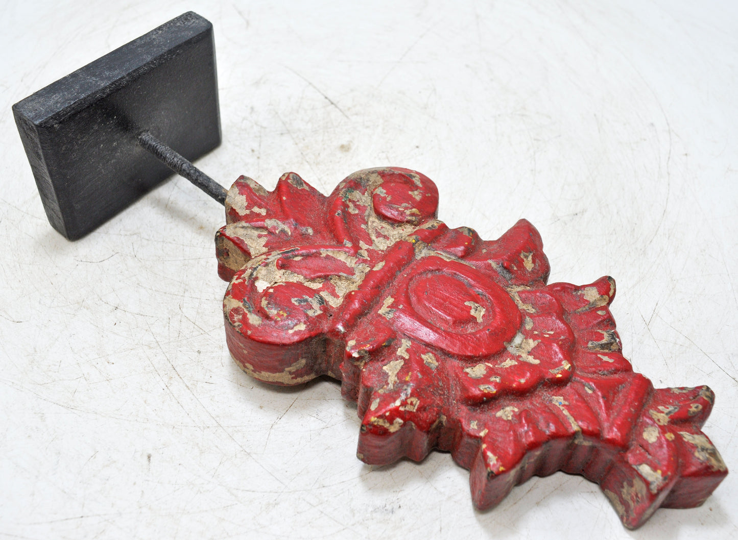 Hand Carved Wooden Flower Carving Panel Plaque on Stand Rustic Red Painted