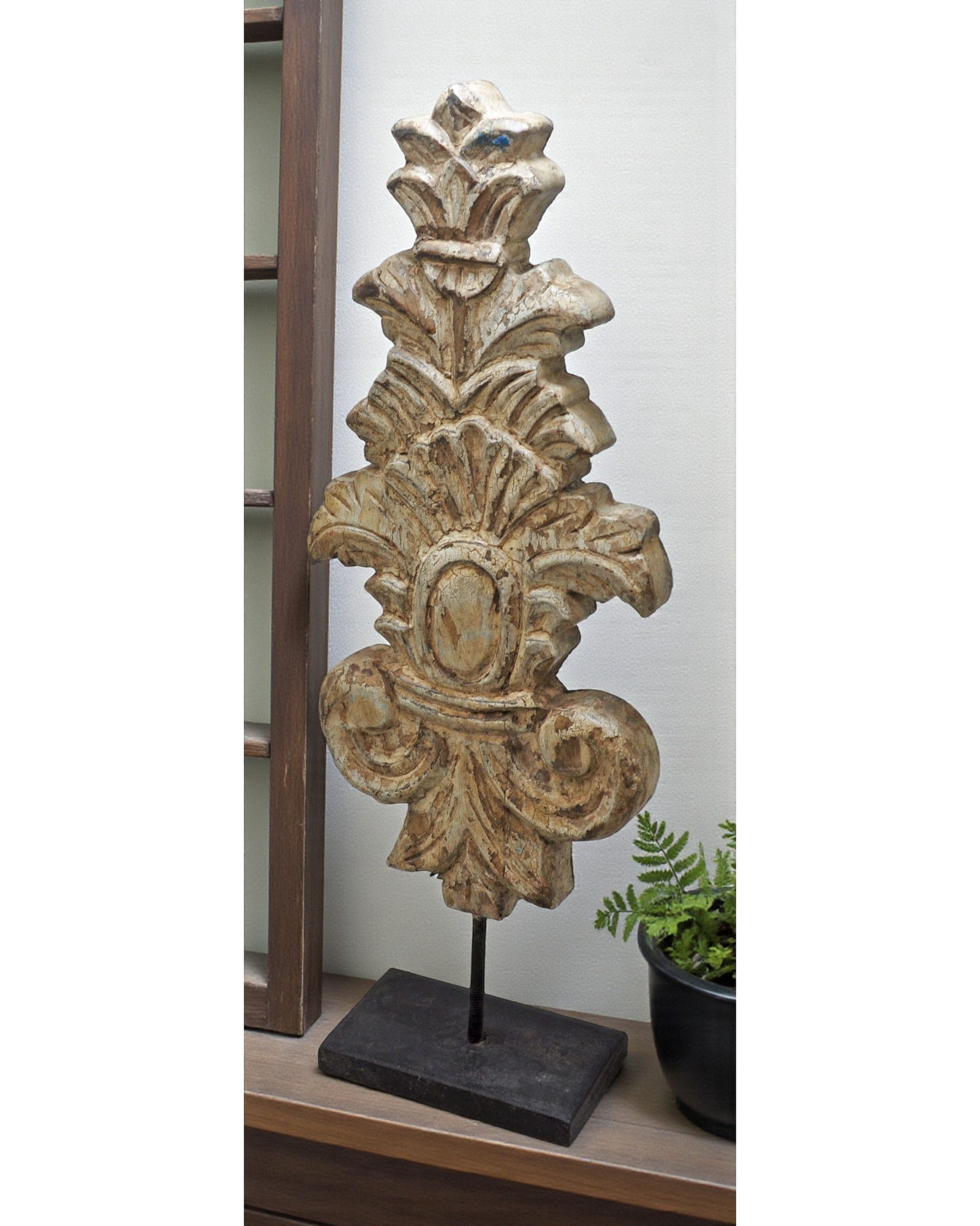 Hand Carved Wooden Flower Carving Panel Plaque on Stand Rustic White Painted