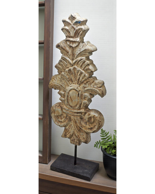 Hand Carved Wooden Flower Carving Panel Plaque on Stand Rustic White Painted