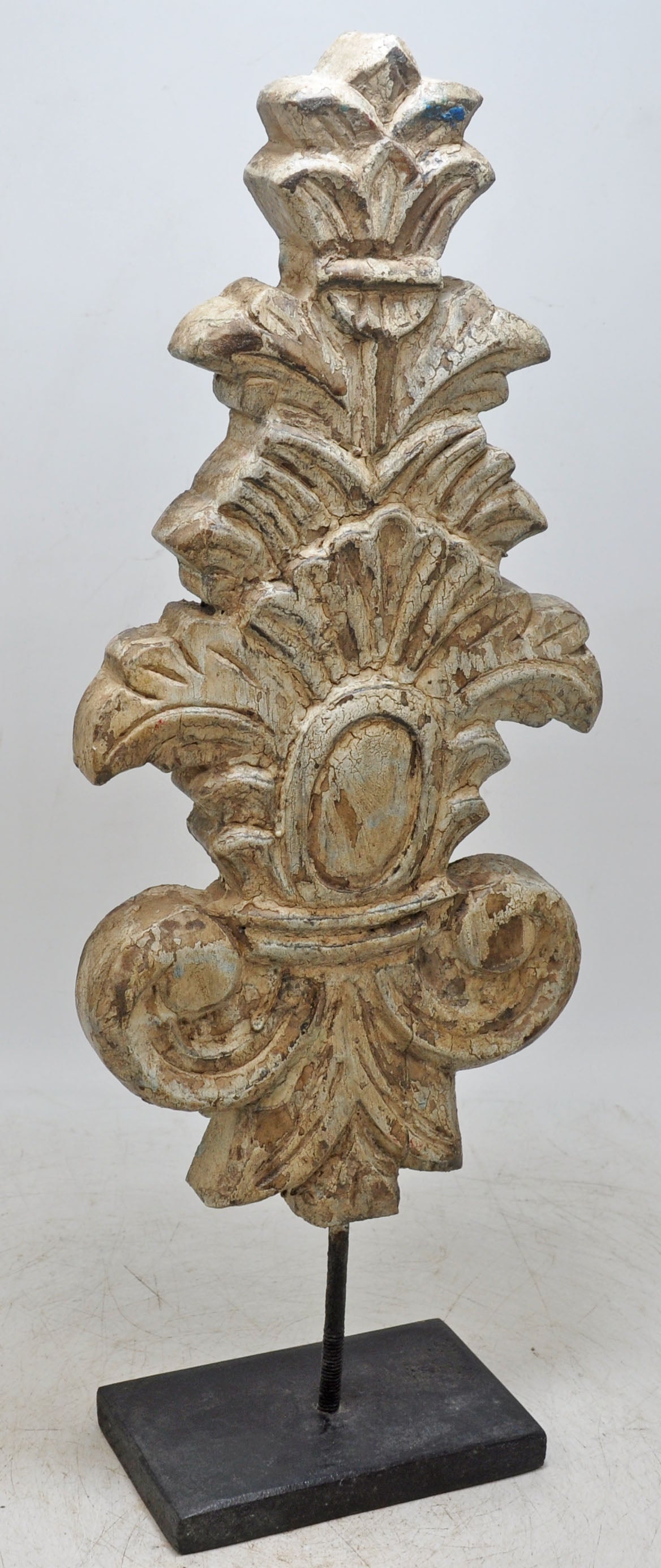 Hand Carved Wooden Flower Carving Panel Plaque on Stand Rustic White Painted