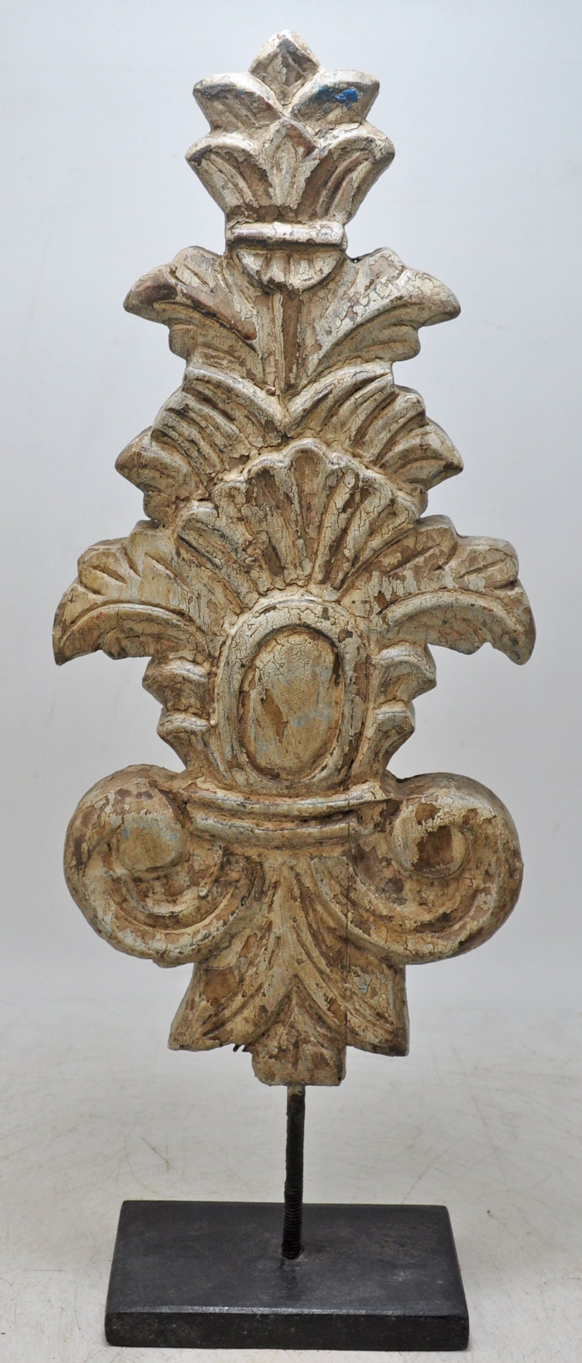 Hand Carved Wooden Flower Carving Panel Plaque on Stand Rustic White Painted