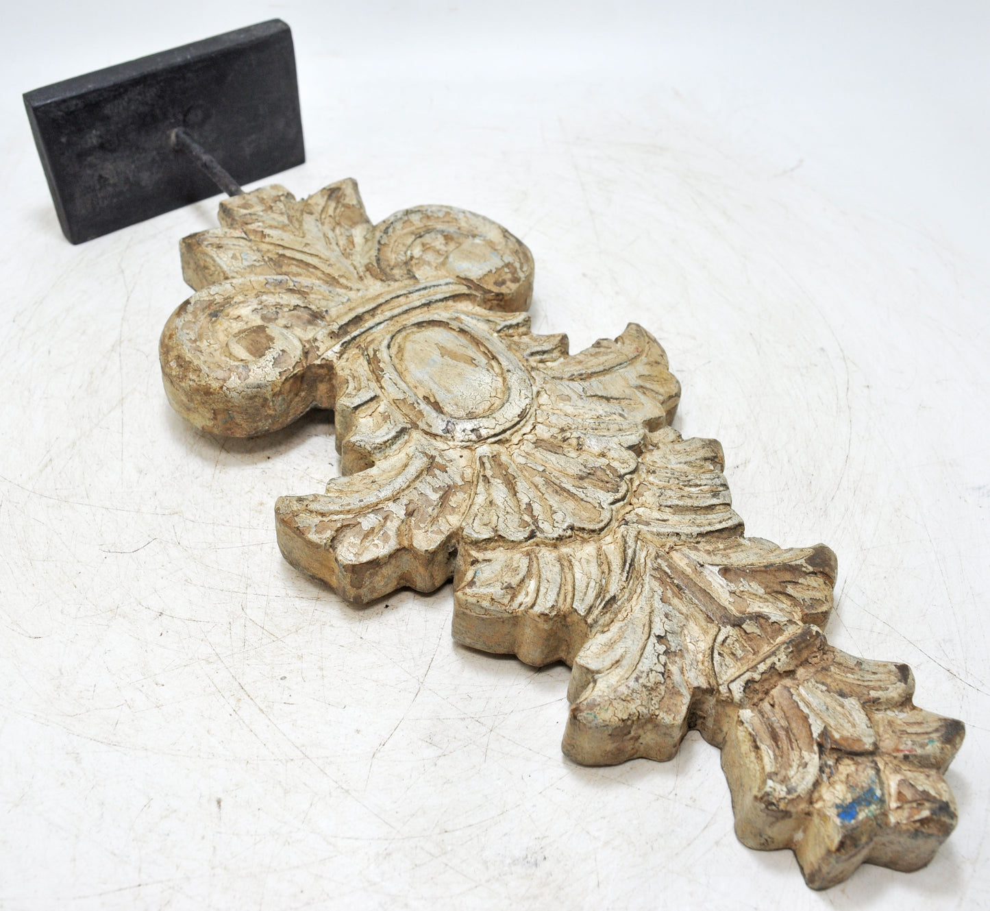 Hand Carved Wooden Flower Carving Panel Plaque on Stand Rustic White Painted