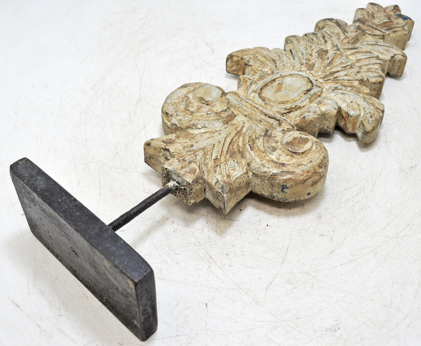 Hand Carved Wooden Flower Carving Panel Plaque on Stand Rustic White Painted