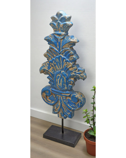 Hand Carved Wooden Flower Carving Panel Plaque on Stand Rustic Blue Painted