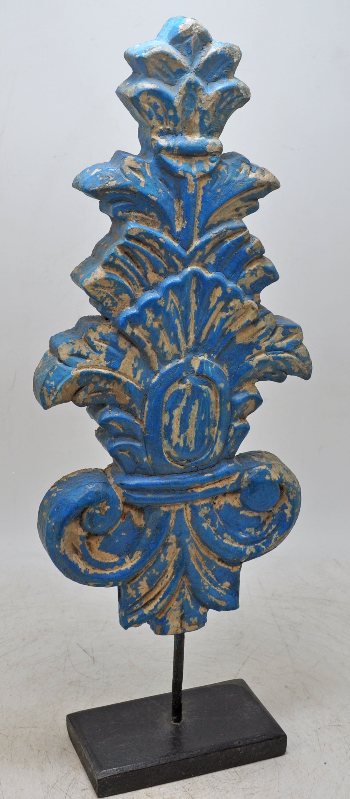 Hand Carved Wooden Flower Carving Panel Plaque on Stand Rustic Blue Painted