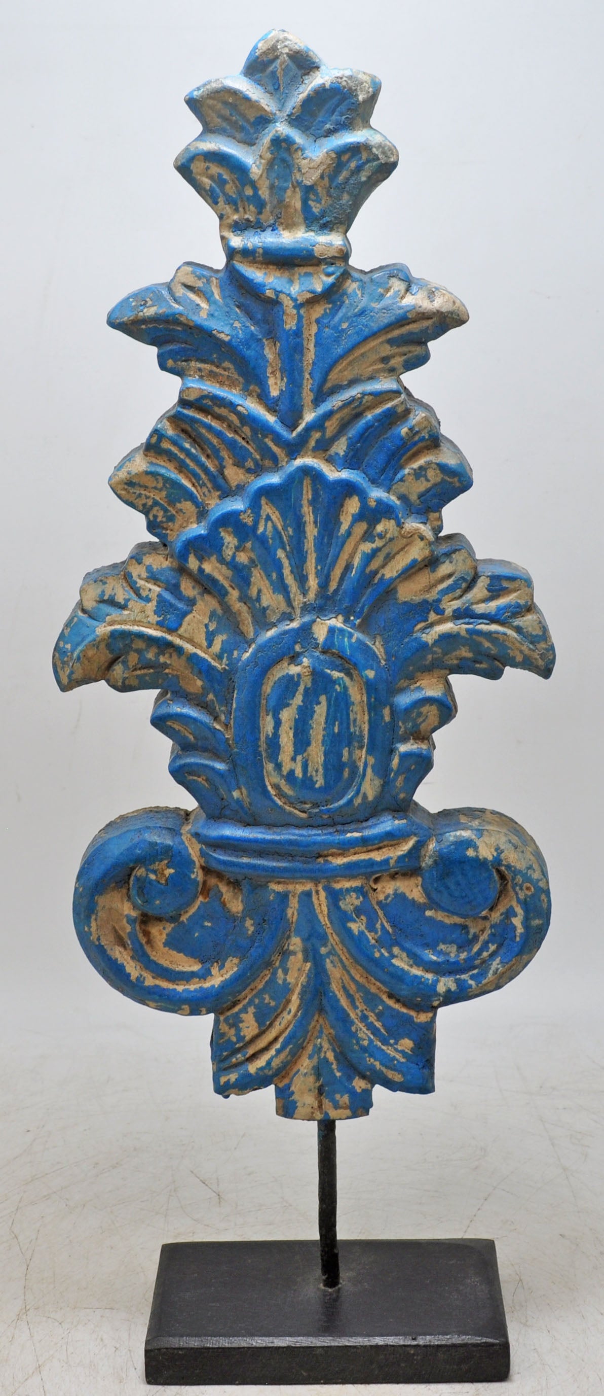 Hand Carved Wooden Flower Carving Panel Plaque on Stand Rustic Blue Painted