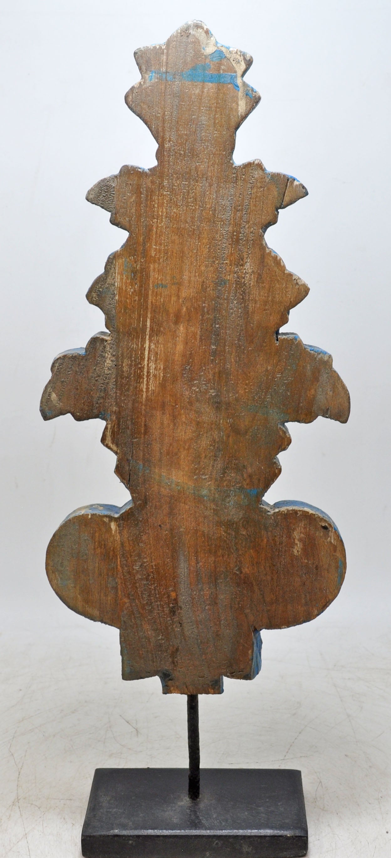 Hand Carved Wooden Flower Carving Panel Plaque on Stand Rustic Blue Painted
